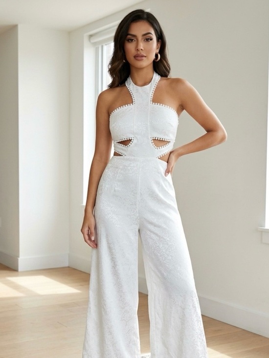 Pants - White Halter Cutout Wide-Leg Jumpsuit